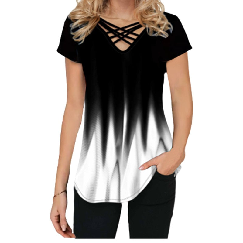Levoire | Dégradé Imprimé Croisé Décolleté V Haut D'Été À Manches Courtes T-Shirt Ample Blanc