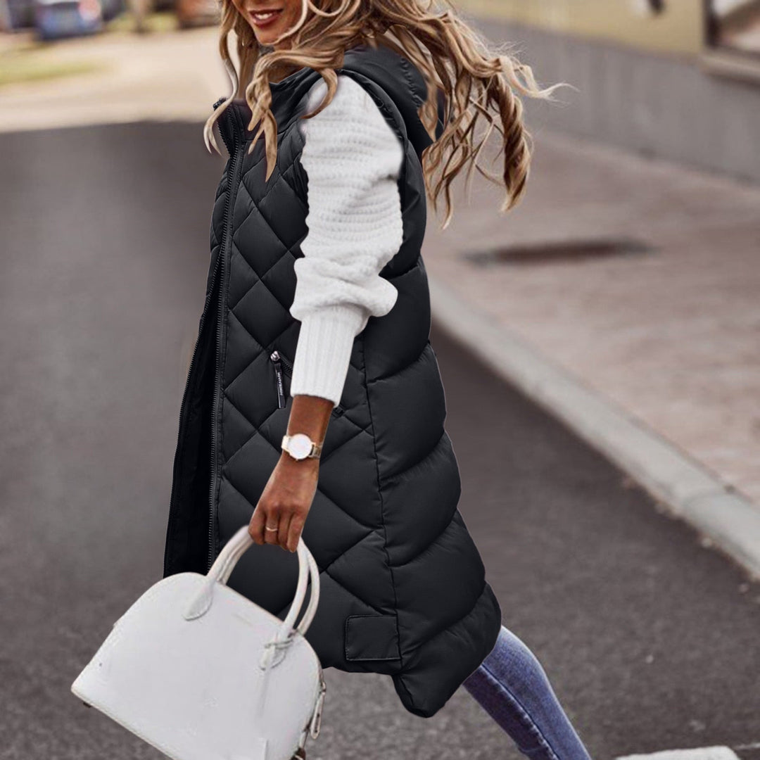 Levoire | Long Puffer Style Quilted Vest With Hood For Women Noir