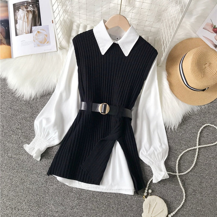 Levoire | Gilet Tricoté À Lacets & Chemise Blanche Décontractée Mode Pour Femmes Noir