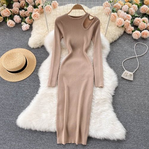 Levoire | Robe Maxi Sexy Tricotée Découpée Kaki Une taille