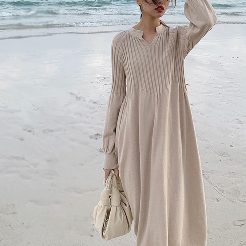Levoire | ROBE TRICOT FEMME COL EN V Beige