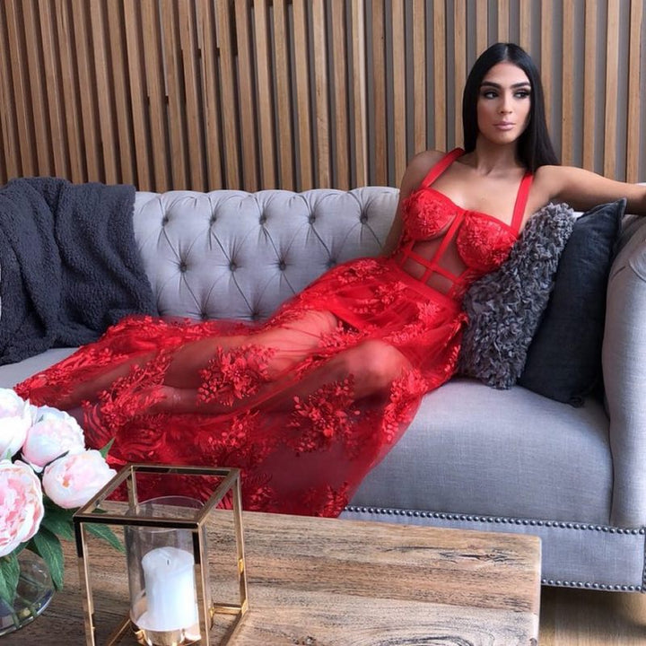 Levoire | Robe En Filet Longue Avec Des Fleurs Rot