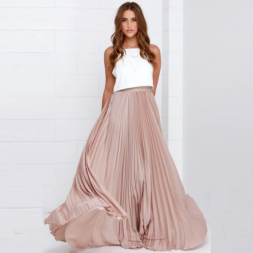 Levoire | Jupe Maxi Plissée Levoire | Mode Rétro Taille Haute Rose