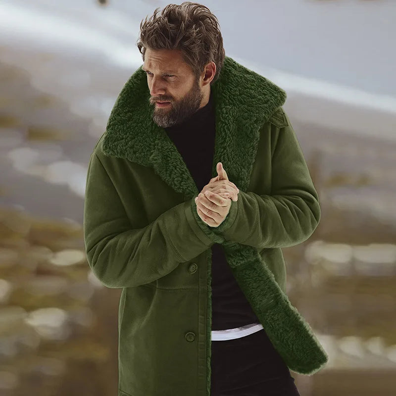 Levoire | Veste En Polaire Longue À Manches Longues Chaude Avec Col Revers Et Bouton Vert