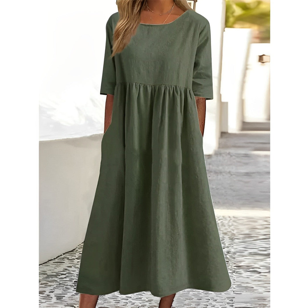 Levoire | Robe Midi Vintage En Coton-Lin Respirant Avec Un Design Plissé Vert olive