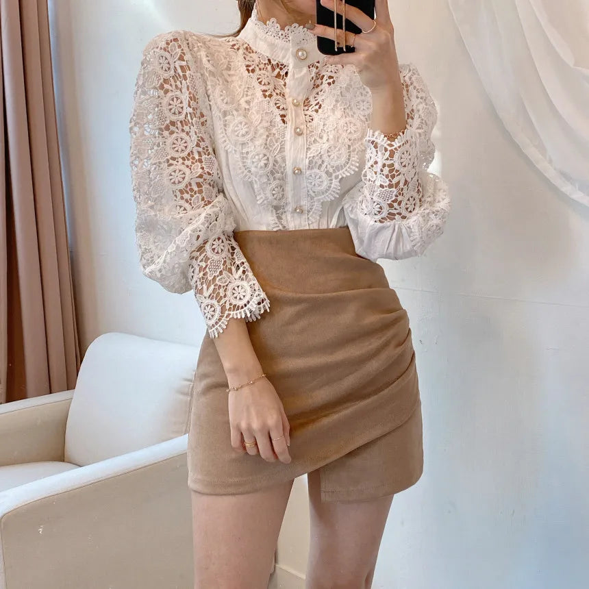 Levoire | Vintage Élégante Blouse Pour Femmes Avec Manches Creuses Et Col Abricot