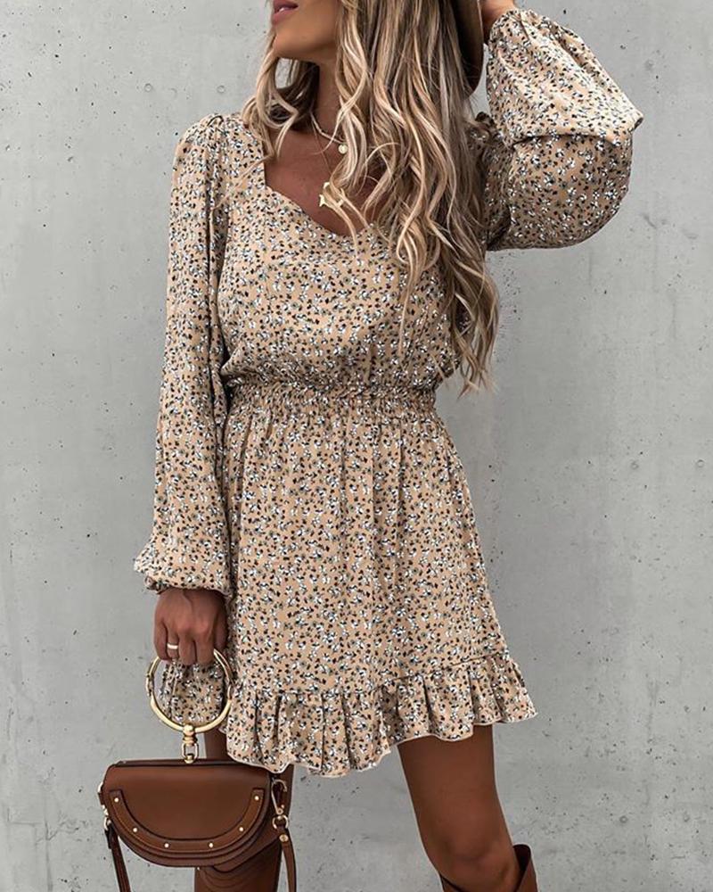 Levoire | Imprimé Floral Mini Robe Col Carré & Manches Bouffantes Pour Bureau & Décontracté