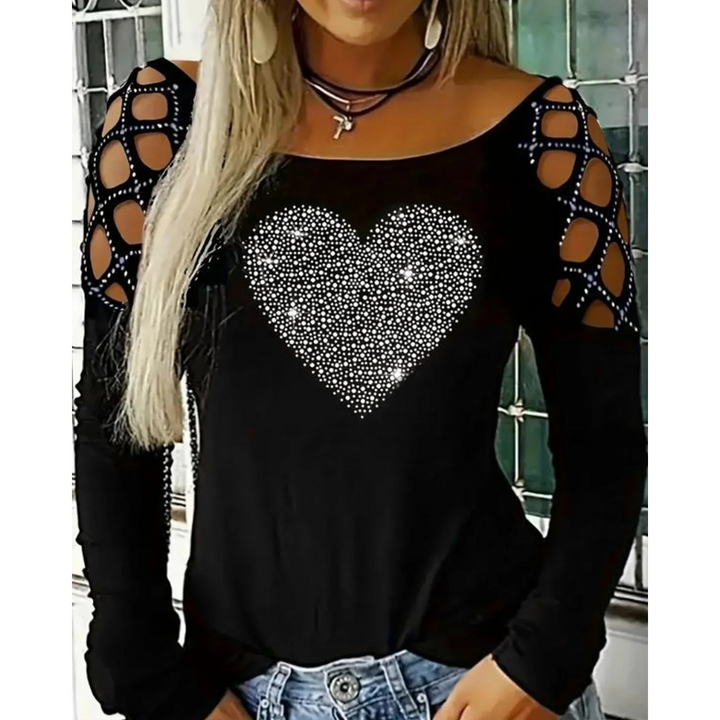 Levoire | T-Shirt Femmes À Manches Longues Imprimé Cœur En Polaire Noir