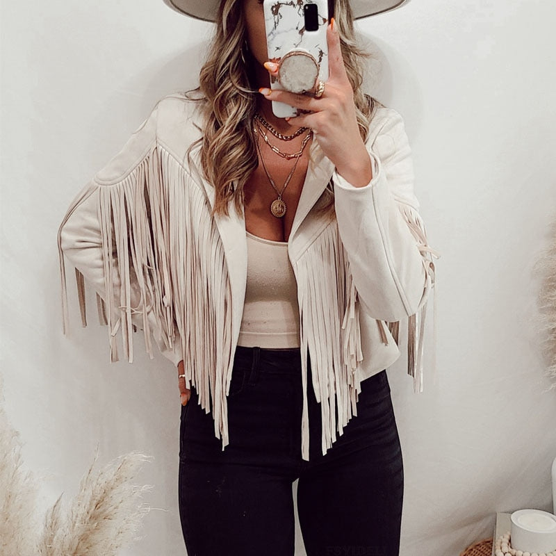 Levoire | Veste En Cuir Nubuck Avec Franges Blanc