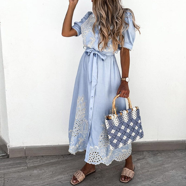 Levoire | Robe Bleue Avec Tissu Et Ceinture
