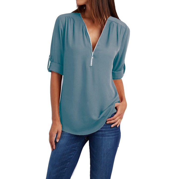Levoire | Taille V-Neck Zip Manches Longues Chemise Sexy Casual Blouse Pour Femmes