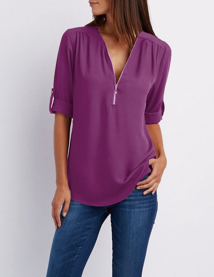 Levoire | Taille V-Neck Zip Manches Longues Chemise Sexy Casual Blouse Pour Femmes Violet