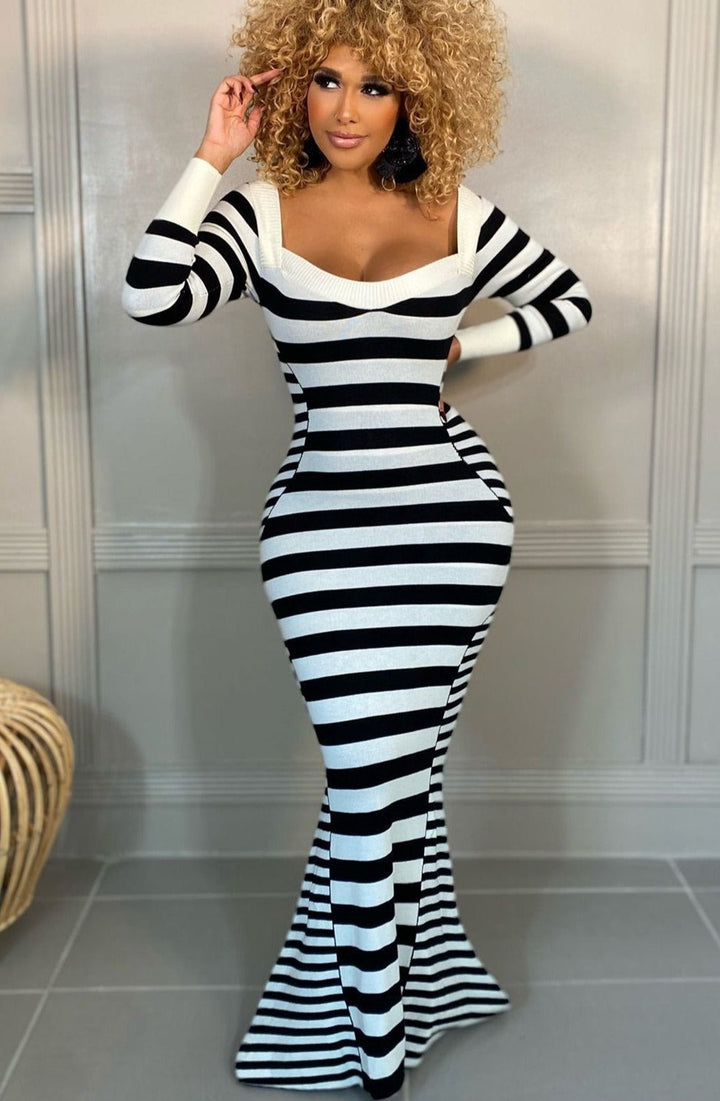 Levoire | Robe Maxi À Rayures V Manches Longues Havsalt Noir