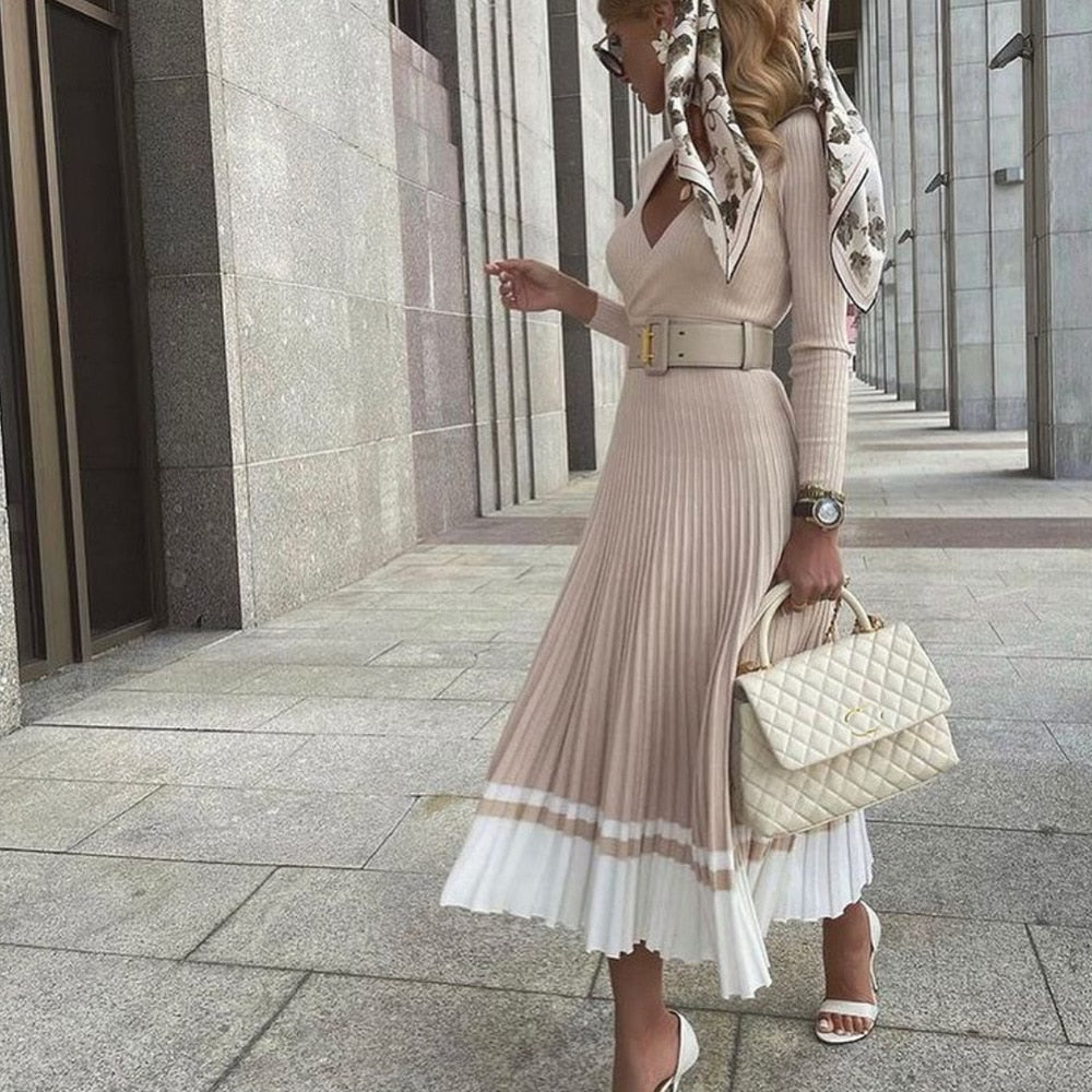 Levoire | Robe Côtelée Maxi Élégante Patchwork Khaki