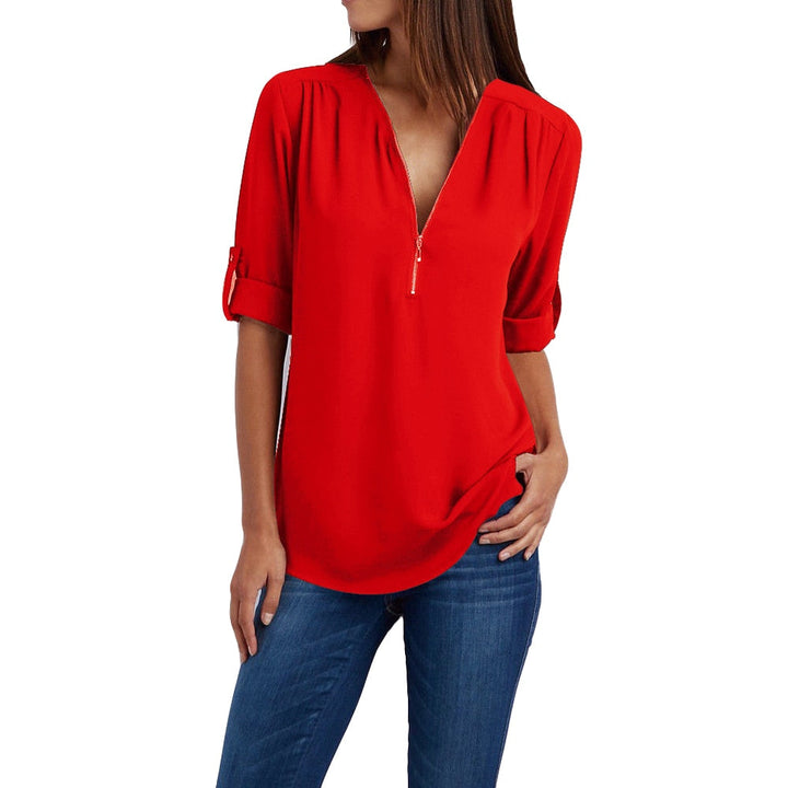 Levoire | Taille V-Neck Zip Manches Longues Chemise Sexy Casual Blouse Pour Femmes