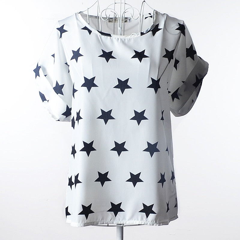 Levoire | Klara T-Shirt En Coton Pour Femmes - Un T-Shirt D'Été Et Joyeux Blanc avec des étoiles noires