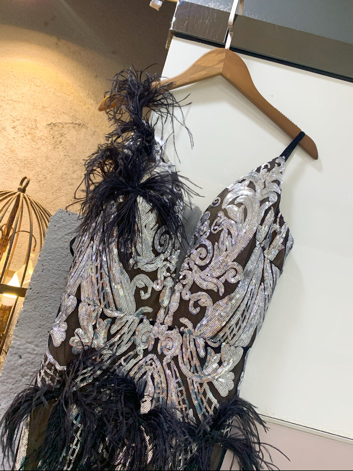 Levoire | Robe Mini Paillettes À Plumes Noires