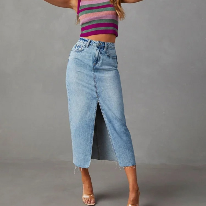 Levoire | Taille Haute A-Ligne Fente Jean Bleu Long Washed Jupe Bleu clair