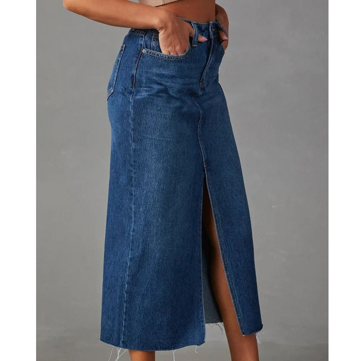 Levoire | Taille Haute A-Ligne Fente Jean Bleu Long Washed Jupe