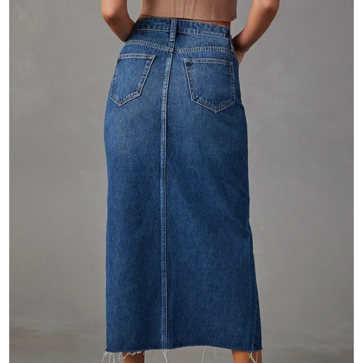 Levoire | Taille Haute A-Ligne Fente Jean Bleu Long Washed Jupe