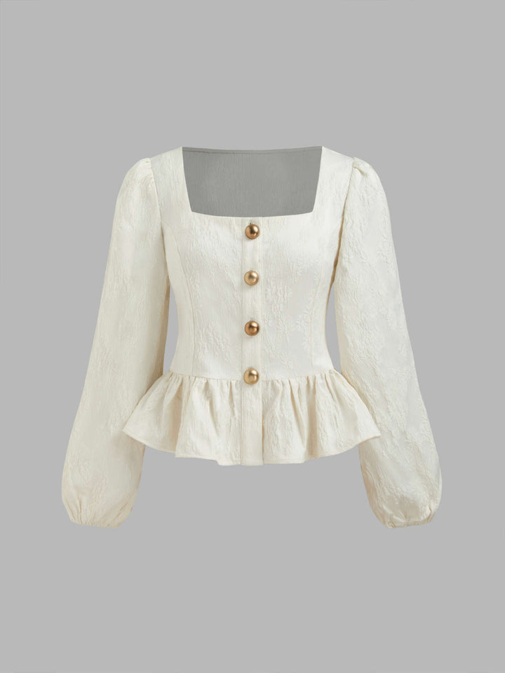 Levoire | Haut Floral à Col Froncé et Boutons Style Blanc