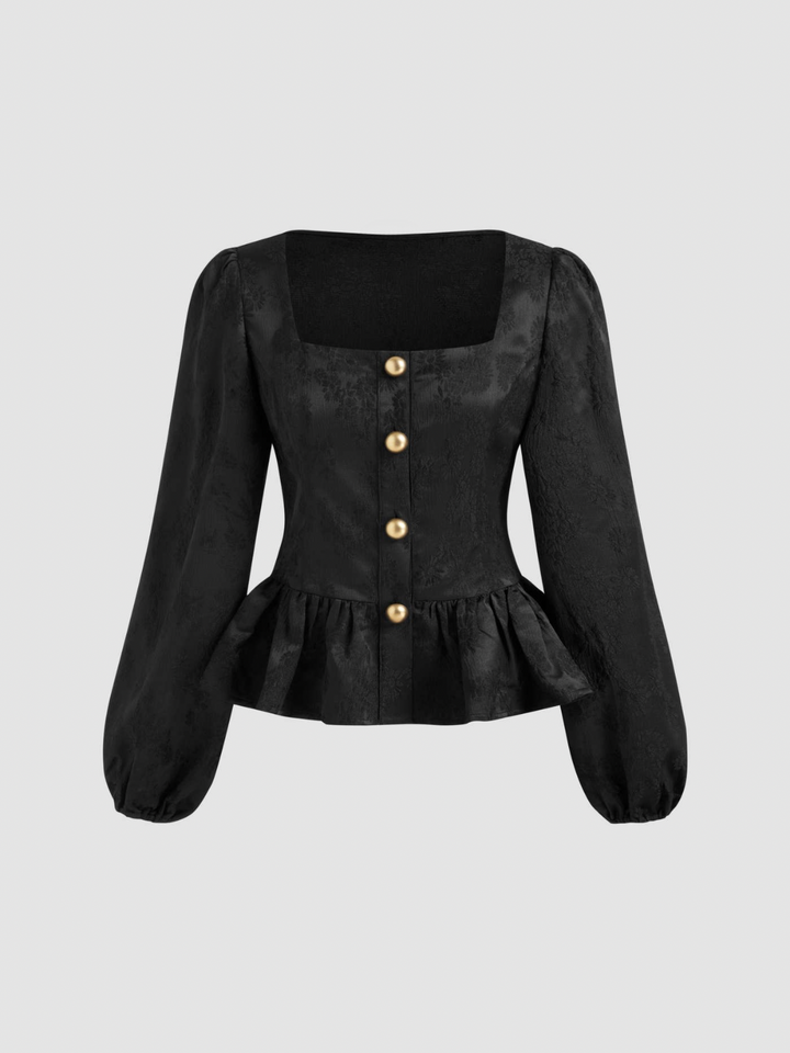 Levoire | Haut Floral à Col Froncé et Boutons Style Noir