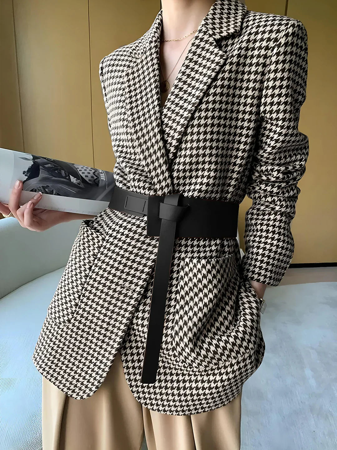 Levoire | Blazer À Carreaux Élégant À Fermeture Avec Ceinture Noir