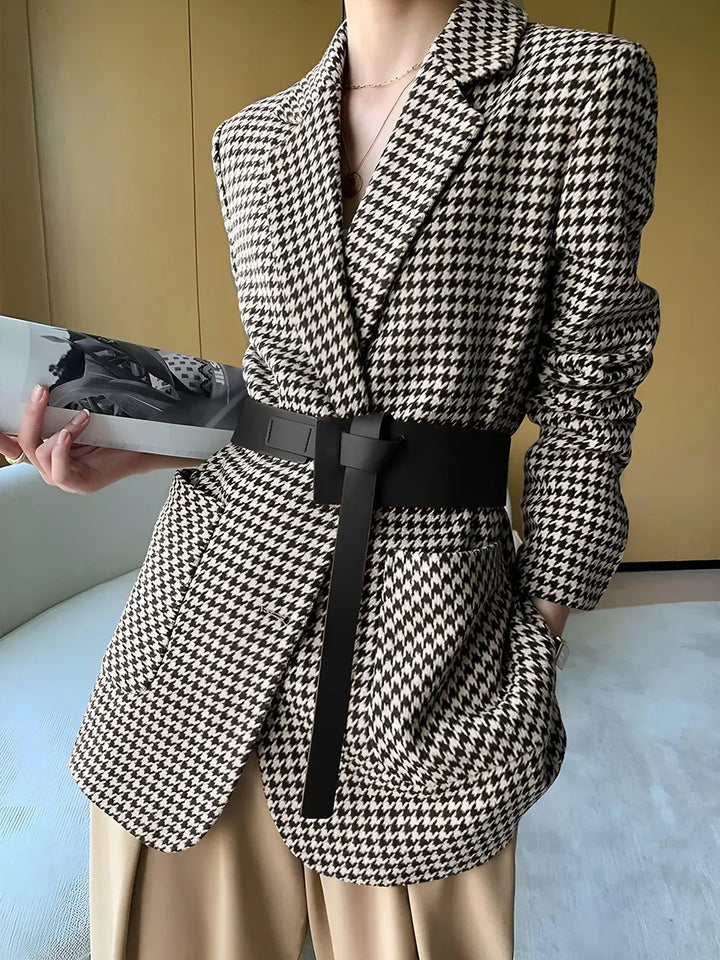 Levoire | Blazer À Carreaux Élégant À Fermeture Avec Ceinture Noir