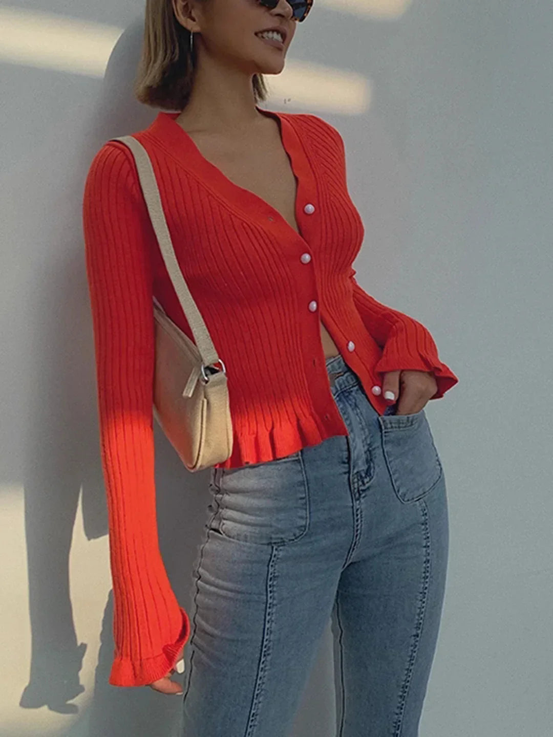 Levoire | Bordure Plissée Bouton De Perle Cardigan À Manches Longues