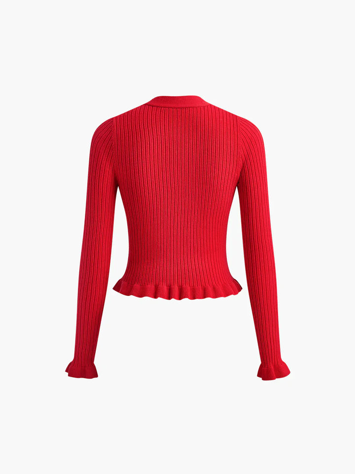 Levoire | Bordure Plissée Bouton De Perle Cardigan À Manches Longues