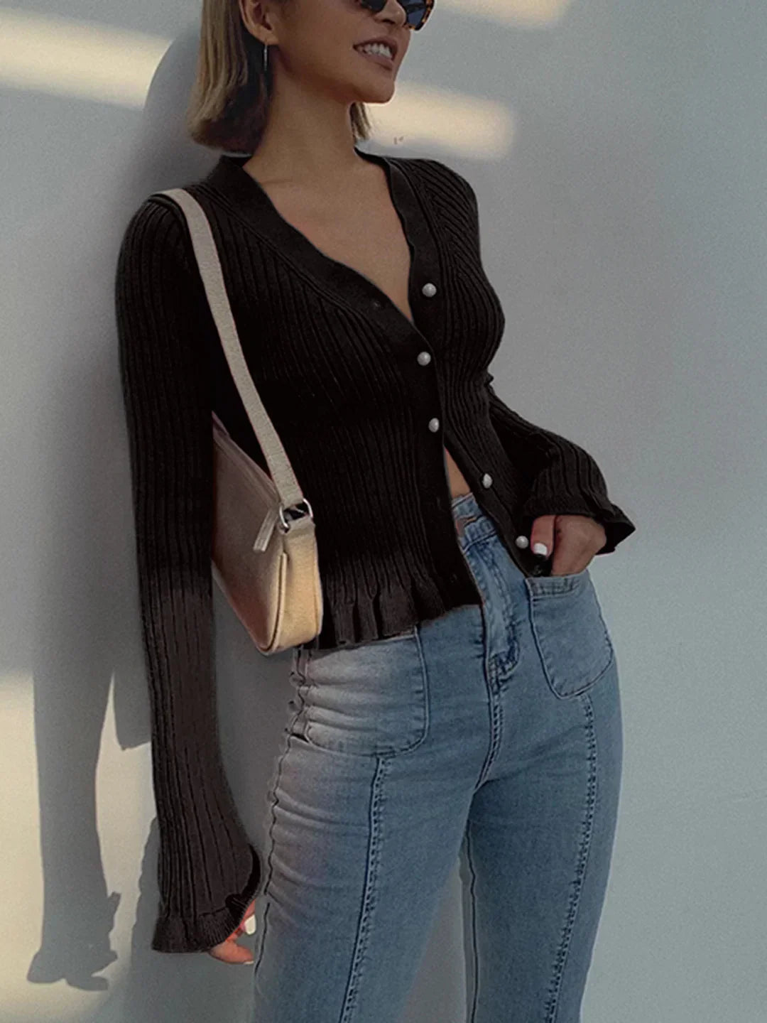 Levoire | Bordure Plissée Bouton De Perle Cardigan À Manches Longues