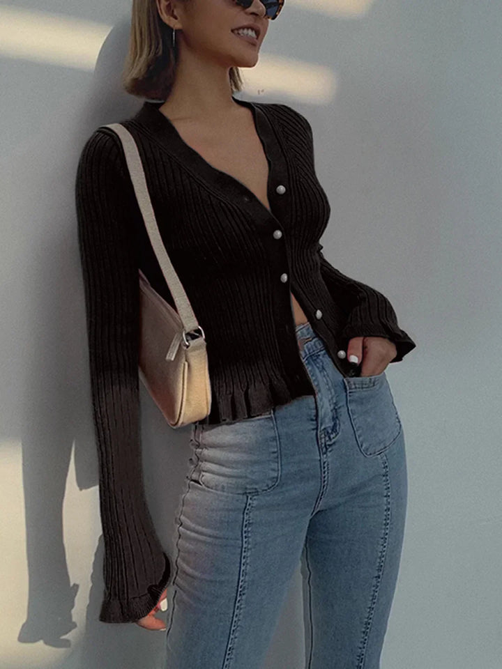 Levoire | Bordure Plissée Bouton De Perle Cardigan À Manches Longues