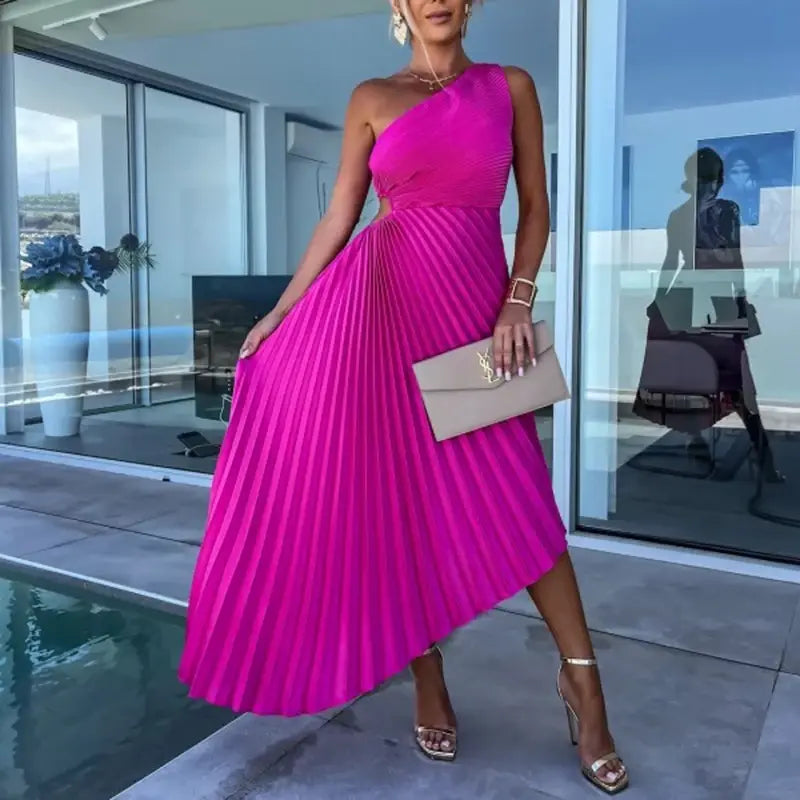 Levoire | Robe plissée à une épaule Fuchsia Rose