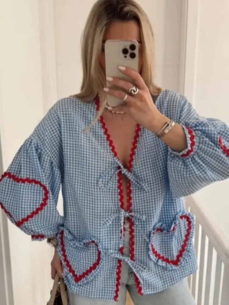 Levoire | Chemise En Soie À Motifs De Cœur À Manches Longues Pour Femmes Bleu