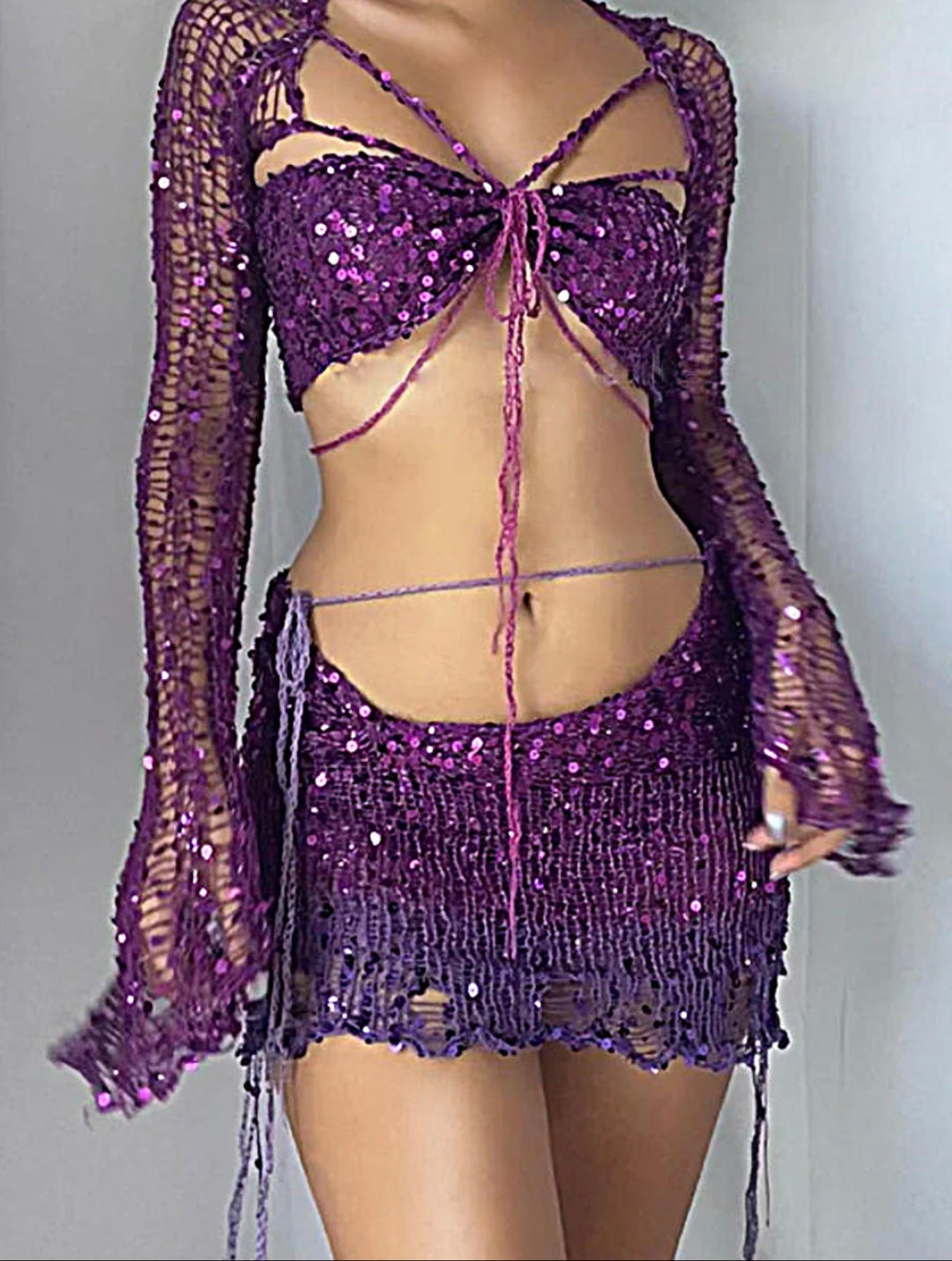Levoire | Cropped Top En Crochet À Paillettes Bohémien Jupe Mini Maillots De Bain Pourpre foncé