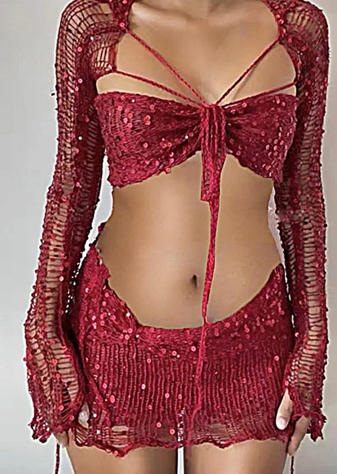 Levoire | Cropped Top En Crochet À Paillettes Bohémien Jupe Mini Maillots De Bain Bordeaux