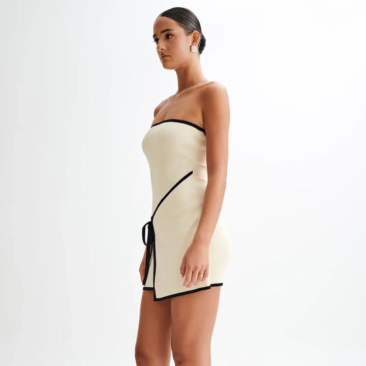 Levoire | Robe Mini En Tricot Écru Élégante Sans Épaules