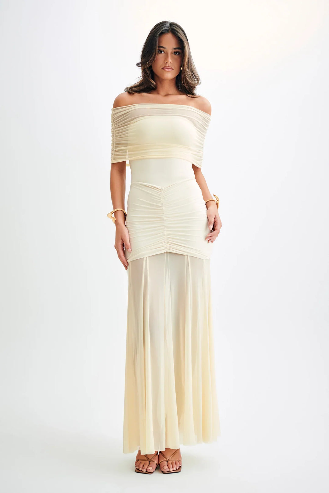Levoire | Slinky Und Mesh Off Shoulder Maxi Robe