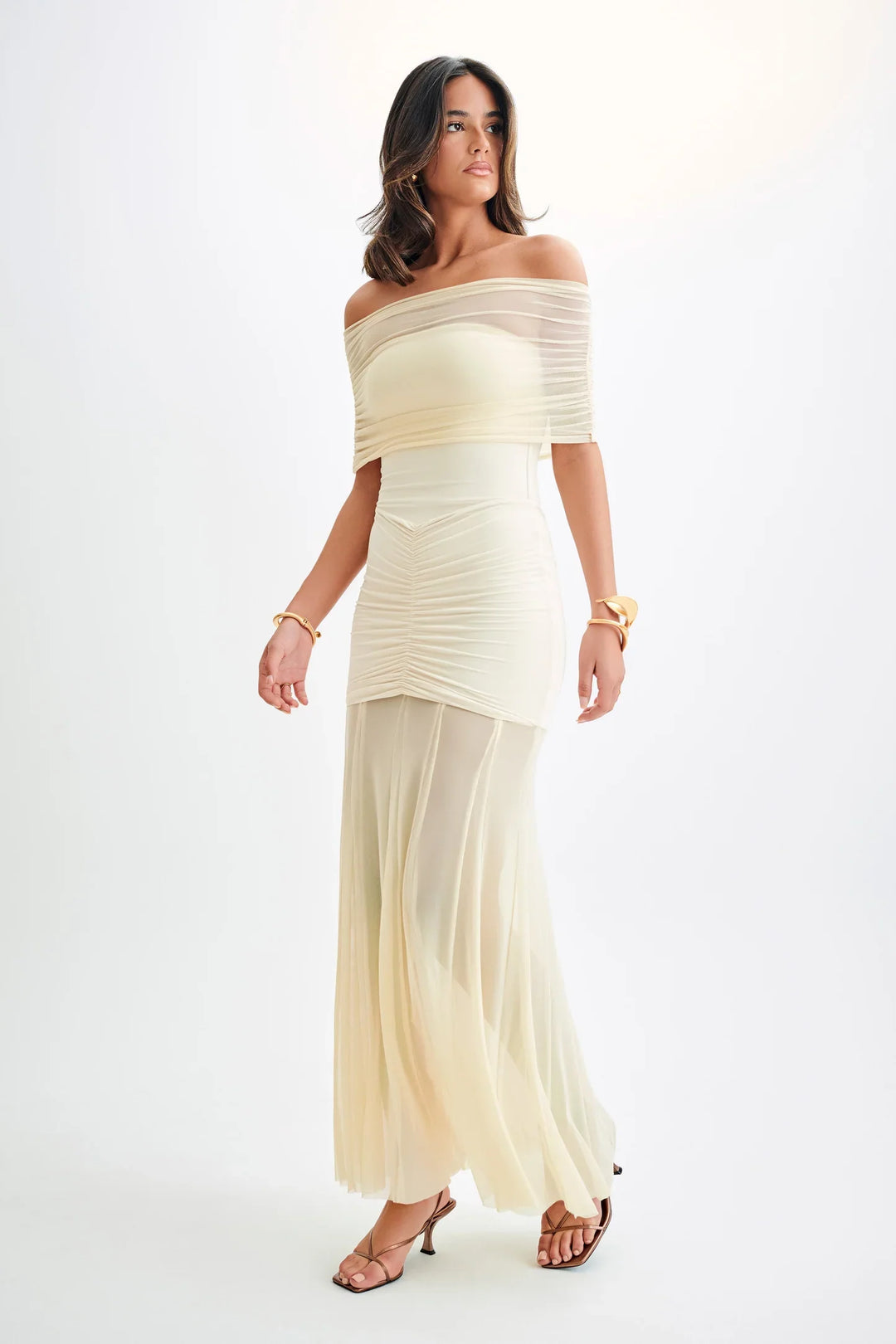 Levoire | Slinky Und Mesh Off Shoulder Maxi Robe