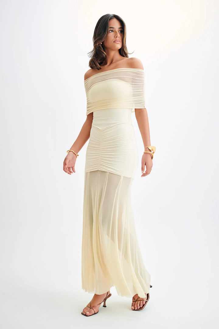 Levoire | Slinky Und Mesh Off Shoulder Maxi Robe