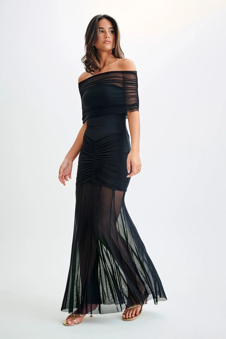 Levoire | Slinky Und Mesh Off Shoulder Maxi Robe