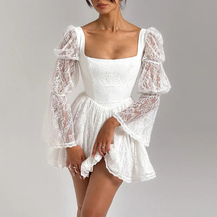 Levoire | Robe Mini À Manches Bouffantes En Dentelle Blanche