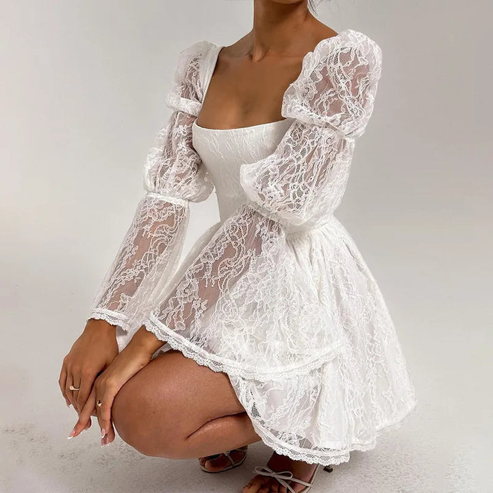 Levoire | Robe Mini À Manches Bouffantes En Dentelle Blanche