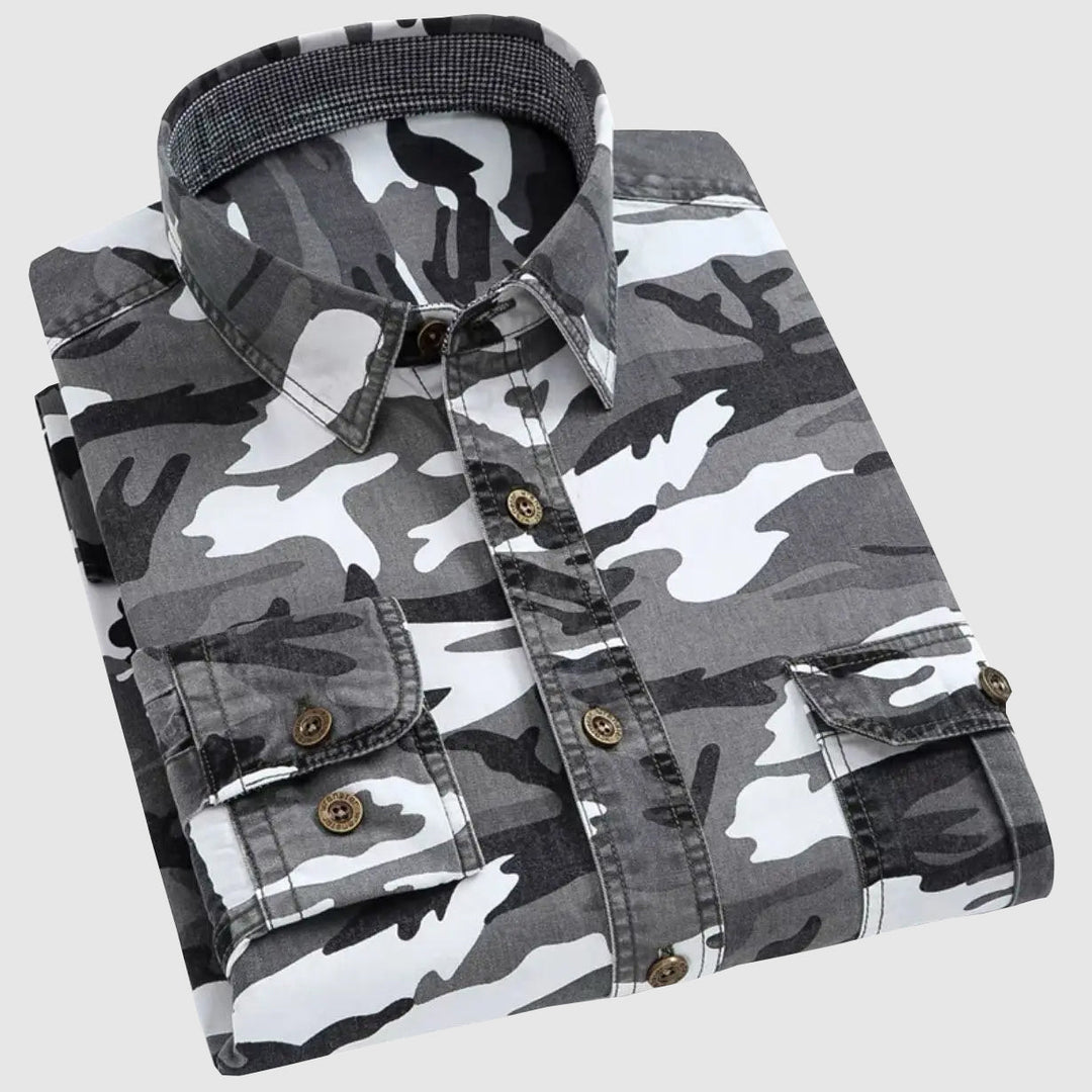 Levoire | Chemise Classique Camouflage À Manches Longues Pour Hommes Gris et blanc