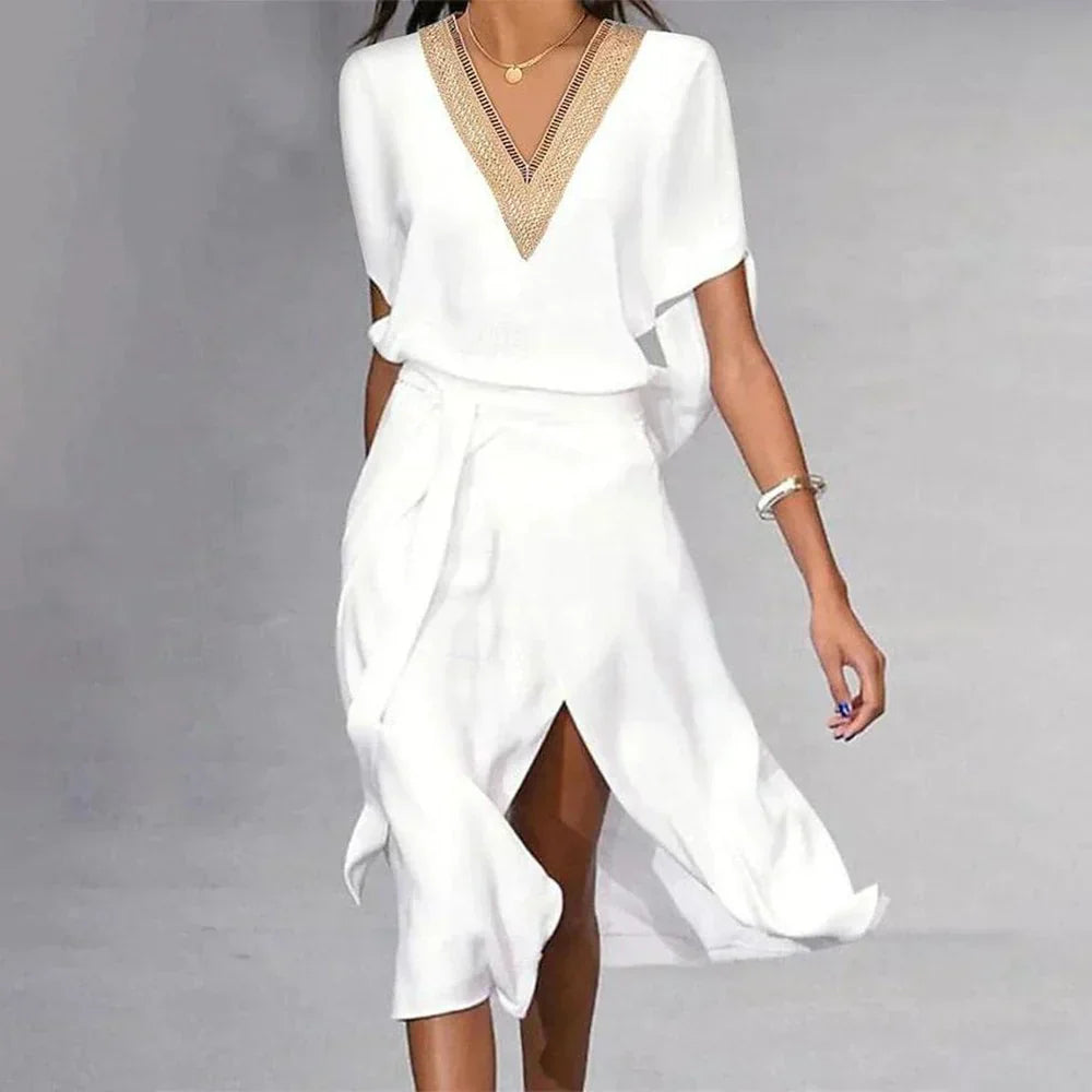Levoire | Chic V Décolleté Robe Midi Blanche Pour Un Look Contemporain 3XL