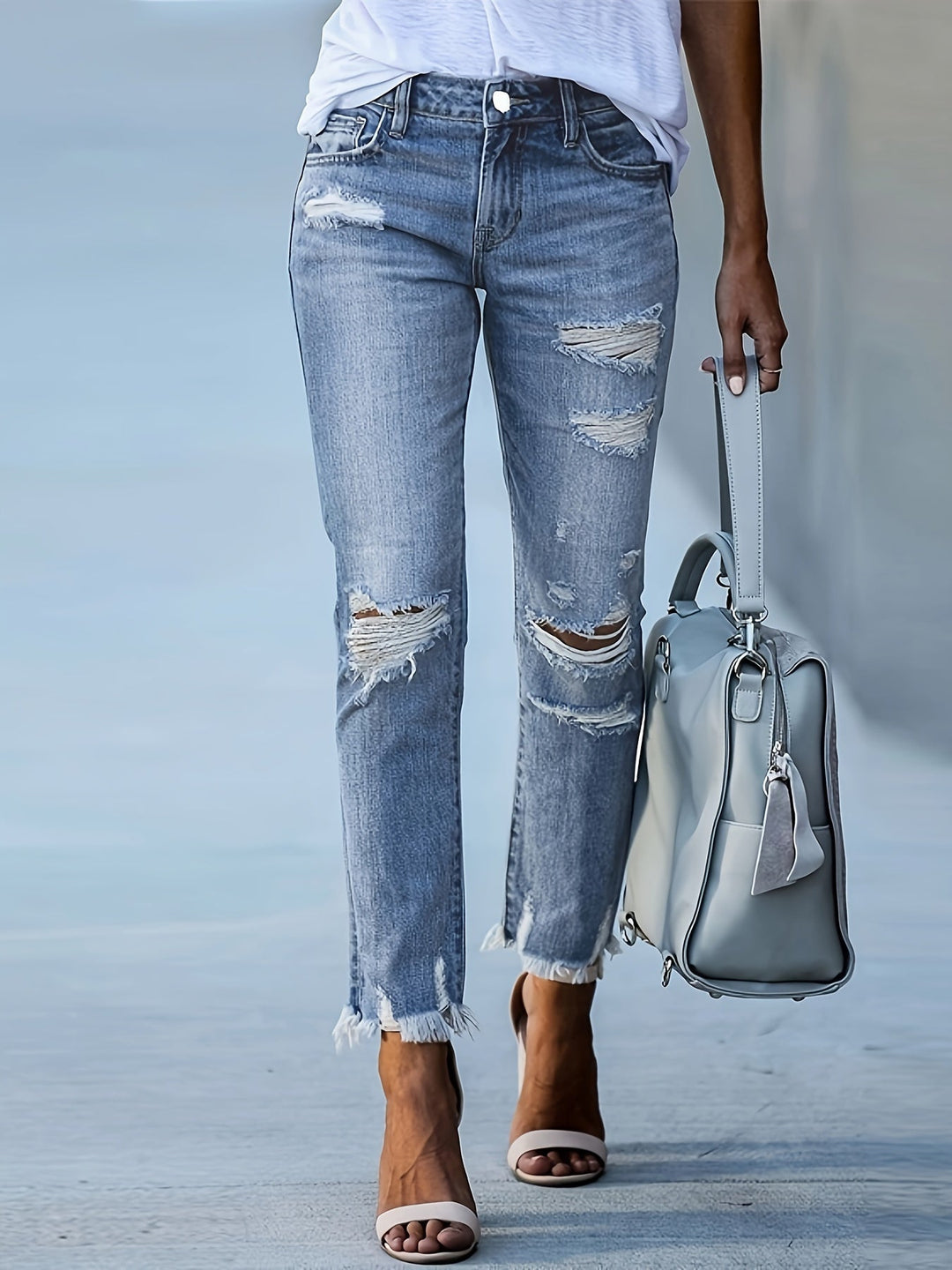 Levoire | Jeans Déchirés Tendance À Taille Haute Et Jambes Droites Bleu acier clair