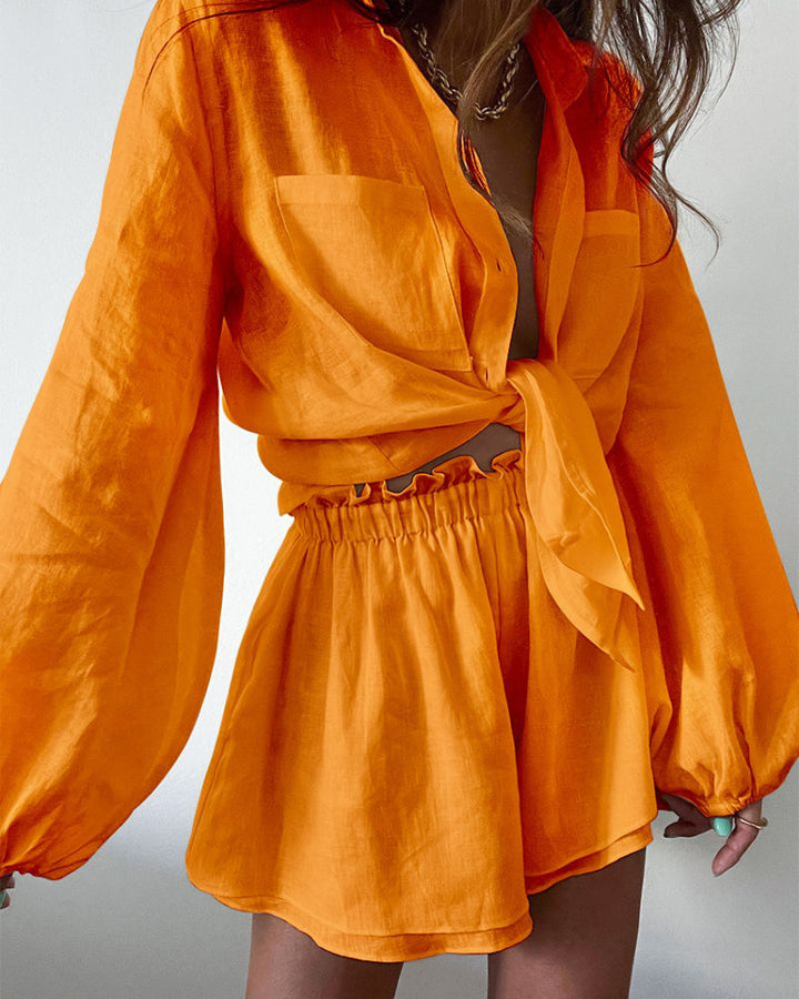 Levoire | Ensemble De 2 Pièces Accessoires Série Chemise À Manches Longues À Boutons Et Shorts Assortis Orange