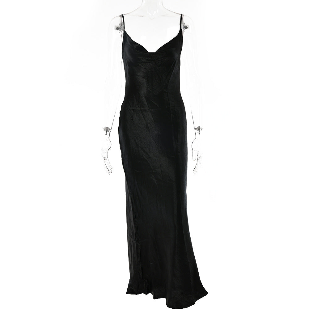 Levoire | Robe Longue Sans Dos À Bretelles Spaghetti En Satin Noir