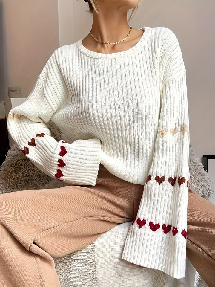 Levoire | Pull Élégant Avec Motif Cœur Et Manches Élargies Lacté
