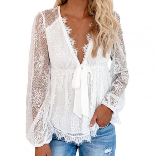 Levoire | Élégante Blouse À Manches Longues Col En V Avec Noeud À La Taille